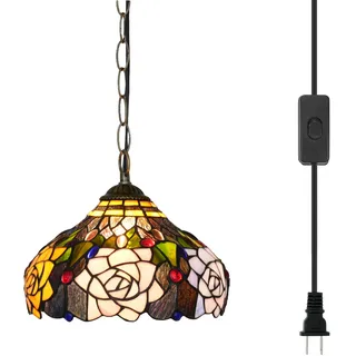 Tiffany Pendelleuchte Rose Blumen Buntglas Hängelampe 12 Zoll Antik Stil Plug in Licht für Haus Küche Insel Esszimmer Wohnzimmer Flur Theke Bar