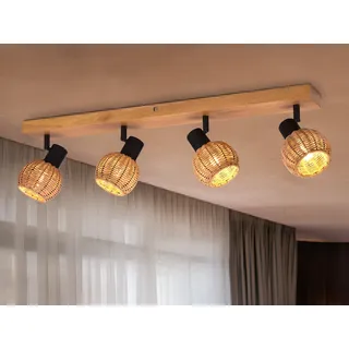 Deckenstrahler innen 4 flammig mit Holz und Lampenschirmen aus Rattan, B: 70cm