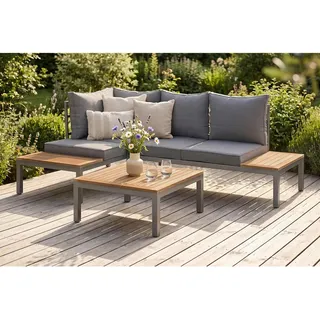 Ambia Garden Loungegarnitur , Braun, Grau, Teakfarben , Holz, Metall , Akazie , vollmassiv , Füllung: Faserbällchen,Komfortschaum , L-Form, einzeln stellbar , 207x138 cm , Fsc, Bsci , Gartenmöbel, Loungemöbel, Loungegarnituren
