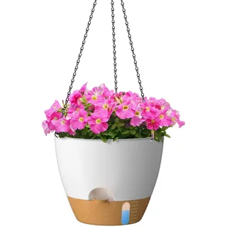 ZMTECH 30 cm Hängetopf für Pflanzen mit Bewässerungslippe Selbstbewässernder Pflanzentopf mit Abflusslöchern und abnehmbarem Untersetzer aus Kunststoff für Innen- und Außenpflanzen (2er-Set, Weiß)