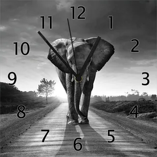 Wallario Design Wanduhr Elefant bei Sonnenaufgang in Afrika schwarzweiß aus Echtglas, Größe 30 x 30 cm - Schwarz