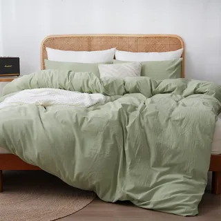 ATsense Bettwäsche 155x220 Baumwolle 2teilig, Stonewashed Bettwäsche-Sets Hellgrün Ähnlich wie Leinen, Oeko-TEX, Hypoallergen und Atmungsaktiv, 1 Bettbezug und 1 Kissenbezug 80x80