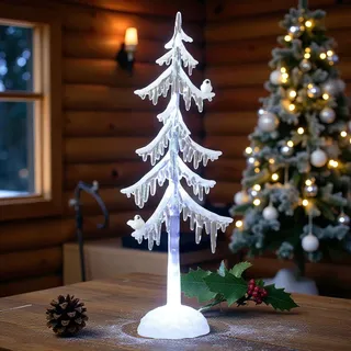 formano LED Weihnachtsbaum Acryl 25 cm Dekobaum mit Licht & Vogel – Winterdeko - Weiß