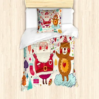 ABAKUHAUS Weihnachten Mantele, Sankt und Teddybär, Milbensicher Allergiker geeignet mit Kissenbezügen, 135 cm x 200 cm - 80 x 80 cm, Mehrfarbig