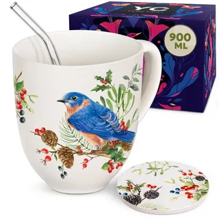 YC YANG CHAI Große Teetasse 900ml - XXL Tasse Groß - Stilvolles Jumbotasse Geschenkset mit edlem Zubehör - Vielseitige Riesentasse für Tee, Kaffee, Cappuccino, Latte, Müsli - YC Suni Birds