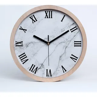 Holzuhr 25fi cm wanduhr - schwarze Spitzen - Marmor - Weiß