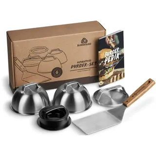 BURNHARD Burger-Set 6-TLG. inkl. Burgerpresse, Wender, Smasher, 2 Melting Domes aus Edelstahl und Rezeptheft