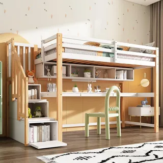 Merax Etagenbett 90x200cm mit Treppe, Hochbett mit Schreibtisch und Bücherregal, Einzelbett Kinderbett mit Rausfallschutz, Jugendbett mit Lattenrost - Naturbelassen