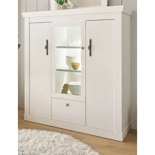 Highboard "Fiastra" weiß Pinie Landhaus Vitrine 140 x 146 cm mit Soft-Close und LED - Weiß