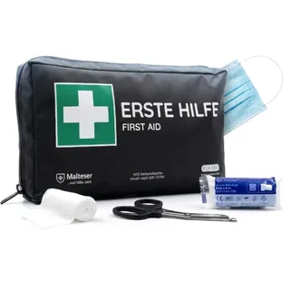 FLEXEO KFZ-Verbandtasche nach aktueller DIN 13164 | Europaweit gültig, gemäß StVZO | inkl. 2 med. Gesichtsmasken | Erste Hilfe Tasche, Set, Verbandskasten, Auto, PKW | Schwarz