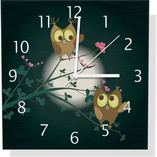 Wallario Design Wanduhr Süße verliebte Eulen auf dem Ast bei Nacht im Mondschein aus Aluverbund, Größe 30 x 30 cm - Schwarz