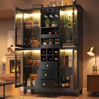 STILVORA Weinschrank mit App-gesteuerter LED-Beleuchtung, Weinregal mit 3 Schubladen und Flaschenhalter, Aufbewahrungsschrank mit Weinglashalter, Schwarz - Schwarz