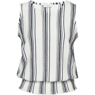 Tanktop LASCANA, Damen, Gr. 36/38, weß, marine gestreift, Crêpe, Obermaterial: 71% Viskose, 27% Polyester, 2% Elasthan, Crinkleoptik, gestreift, figurumspielend hüftlang, Rundhals, Tops Tanktop, aus strukturierter Ware, sommerliches Top mit Streifen, Topseller