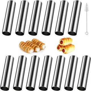15 Stück Cannoli Backform, Edelstahl Schaumrollenform Klein, Backform Hörnchen, Antihaft Schillerlockenform Edelstahl, Cannoli Röhrchen mit Reinigungsbürst 12cm, für Schillerlocken Cannoli Sahnehorn