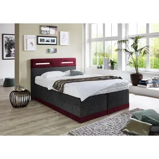 Boxspringbett, rot (bordeaux, anthrazit), Ohne Topper, Liegefläche B/L: 140cm x 200cm, H3, 5-Zonen-Tonnentaschen-Federkernmatratze, Bezug Obermatratze 100% Polyester, waschbar bis 60C;Bezug Unterbox und Kopfteil: Mikrofaservelours (100% Polyester), WESTFALIA SCHLAFKOMFORT, Komplettbetten, Boxspringbett, mit LED-Beleuchtung