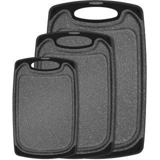 Kunststoff Schneidebrett Set 3 Stück, Spülmaschinenfest, BPA-freie, Schwarz | Cutting Board,Plastik Schneidebrett mit Gummifüße & Griff & Saftrille, Marmorierung(15,6 x 9,4/12,4 x 7,8/9,6 x 5,7 Zoll)