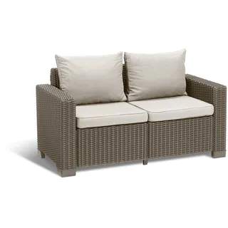 Keter California Gartensofa, ausgestattet mit zwei Sitzen und Kissen auf Sitzfläche und Rückenlehne, 141 x 68 x 71,5 cm, hergestellt mit charakteristischer geflochtener Oberfläche, Farbe Cappuccino