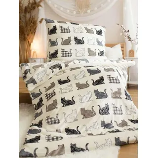 Kvalitex Mikroplüsch-Bettwäsche 1+1, 140x200, 70x90cm Katzen beige - Beige
