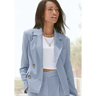Kurzblazer LASCANA, Damen, Gr. 44, blau (hellblau), Web, Obermaterial: 64% Polyester, 32% Viskose, 4% Elasthan. Futter: 100% Polyester, unifarben, figurbetont hüftlang, Blazer Kurzblazer, mit doppelreihigem Knopfverschluss, Damenblazer, sportlich-elegant, Topseller