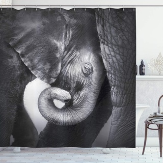 ABAKUHAUS Grau Duschvorhang, Elefant-Mutter und Baby, Stoffliches Gewebe Badezimmerdekorationsset mit Haken, 175 x 200 cm, Charcoal Grey Pale Grau