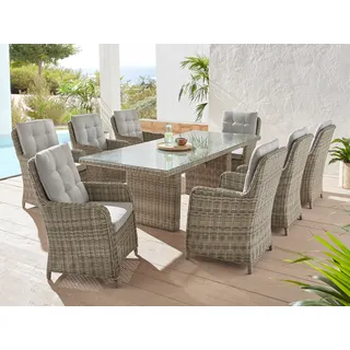 Konifera Garten-Essgruppe »Venedig«, (Set, 25 tlg., 8x Sessel, 1x Tisch 230,8x100,5x76 cm, inkl. Auflagen), Polyrattan, Aluminium, Tischplatte aus 5mm starkem Sicherheitsglas, grau