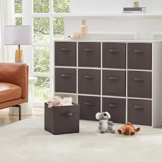 12 Stück Aufbewahrungskuben, Stoffaufbewahrungsboxen, Aufbewahrungsboxen aus Vliesstoff mit Griff für Regalsysteme, Faltbox, Kleideraufbewahrung, Kallax-Boxen, 26,5 x 26,5 x 28 cm, braun