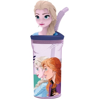 Disney Frozen Elsa und Anna 360 ml blauer Kunststoffbecher mit Strohhalm und 3D-Charakter-Figur