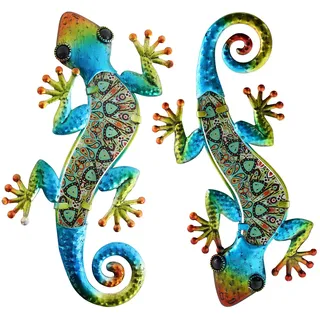 HONGLAND Metall-Gecko-Wanddekoration, Wandbild Metall,Eidechse, Wanddeko Outdoor,Gartenkunst, farbige Glas-Skulptur zum Aufhängen, für Innen- und Außenbereich, Terrasse, Zaun (Symphonie), 2 Stück