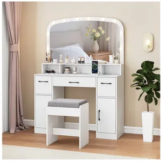 Costway Schminktisch Set Frisiertisch mit Schminkhocker, 3 Lichtfarben LED-Spiegel, Ladestation, 3 Schubladen & 2 Schränke, Kosmetiktisch 108x40x149cm - Weiß