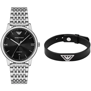 Emporio Armani Herren Silber-Ton Edelstahl-Uhr und Lederarmband, Set