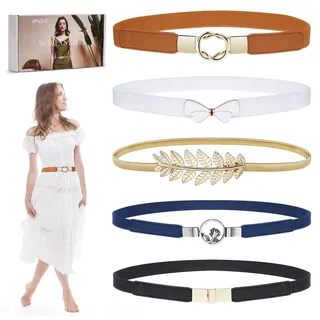 EAONE Skinny Gürtel für Damen, 5er-Pack, modischer Kleidergürtel, Stretch, Taillengürtel, Übergröße, elastisches Taillenband für Kleider, 1a-braun/weiß/gold/marineblau/schwarz,