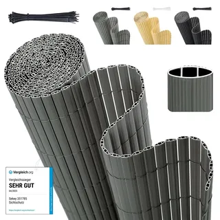 Sekey PVC Sichtschutzmatte Doppelte Verstärkung Innen, Balkon Sichtschutz mit Kabelbindern, Sichtschutzzaun Windschutz Wasserdicht ohne Bohren für Balkon Garten, Grau