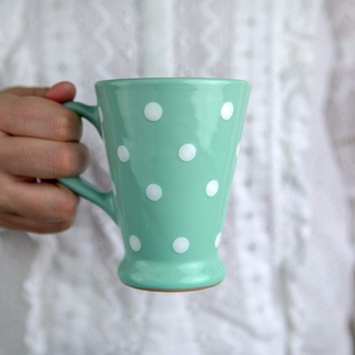 City to Cottage® - Kaffeebecher Cappuccino Tasse | Türkis und Weiß | Polka Dots | Handgemacht | Kaffeetasse | Keramik Geschirr