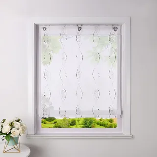 Heichkell Raffrollo ohne Bohren Voile Raffgardine mit Ösen Transparenter Vorhang mit Hakenaufhängung Ösenrollo mit Moderner Stickerei Braun BxH 80x140cm