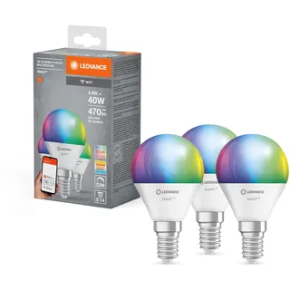 LEDVANCE Smarte LED-Lampe mit WiFi Technologie, Sockel E14, Dimmbar, Lichtfarbe änderbar (2700-6500K), RGB Farben änderbar, ersetzt Glühlampen mit 40 W, SMART+ WiFi Mini Bulb Multicolour, 3er-Pack