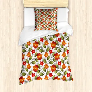 ABAKUHAUS Blumen Mantele, Boho Kräuter Lilien Natur, Milbensicher Allergiker geeignet mit Kissenbezügen, 135 cm x 200 cm - 80 x 80 cm, Orange Olive Grün Weiß