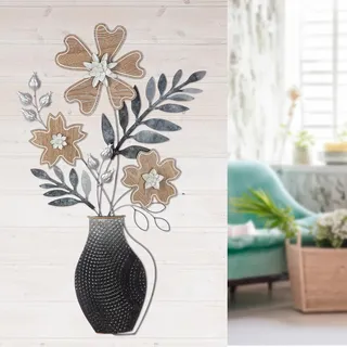 Casablanca Wandrelief Blumenbouquet aus Metall, anthrazitfarben/dunkelblau/weiß, strukturiert, Blumenmotiv, Blatt/Blume, 78x44 cm, Wanddeko Kunst Dekoration Wohnaccessoire