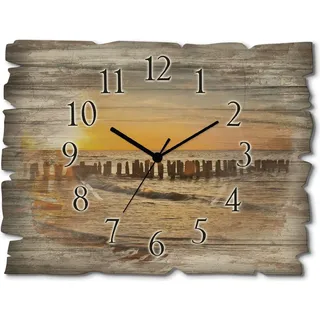 ARTland Holz Wanduhr Funkuhr - schwarzer Zeiger Schöner Sonnenuntergang am Strand Größe: 40x30 cm - Orange