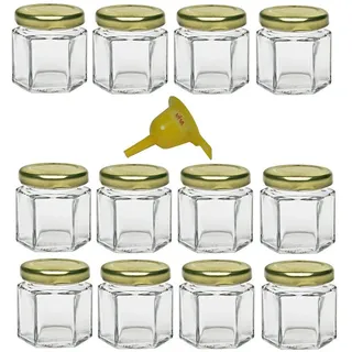 Viva Haushaltswaren - 12 x Mini Einmachglas 47 ml mit goldfarbenem Deckel, sechseckige Glasdosen als Marmeladengläser, Gewürzdosen, Gastgeschenk etc. verwendbar (inkl. Trichter Ø 12,3 cm)