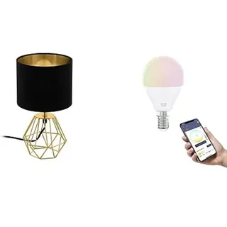 EGLO Tischlampe Carlton 2, Vintage Tischleuchte inkl. E14 Smart Home connect.z LED Leuchtmittel, dimmbare Nachttischlampe aus Stahl und Stoff in gold und schwarz, RGB, warmweiß-kaltweiß