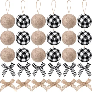 Suilung Weihnachtsbaumschmuck, 30 Stück, Büffelkariert, Bauernhaus, Weihnachtskugeln mit 12 Mini-Schleifen, rustikale Weihnachtsdekoration, Innenbereich, Weiß/Schwarz