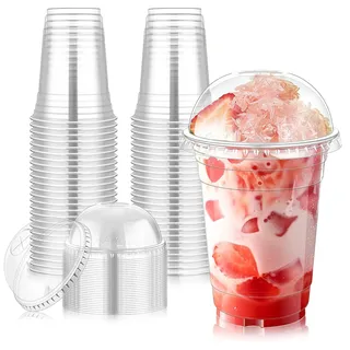 KesaPlan 100 Stück 500ml Plastikbecher Mit Deckel, Wiederverwendbare Smoothie Becher To Go Mit Dome Lid Für Bubble Tea, Milchshake, Slush Eis, Eiskaffee, Kalte Getränke