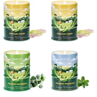 M&SENSE Citronella Kerze Outdoor| 4x100g 80 Std,Natürliche Sojawachs Zitronella Kerze mit Citronella Öl für Garten, Camping, Picknicks|Sommer Zitronellen Duftkerze