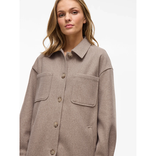 Hemdjacke VILA "VIKIMMI SHIRT L/S JACKET - NOOS", Damen, Gr. XS, fossil detail:melange, Web, Obermaterial: 100% Polyester, meliert, regular fit, Rundhals, Jacken Hemdjacke