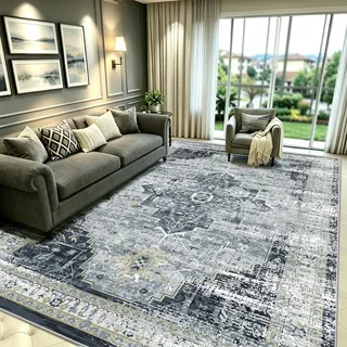 WUTONG Teppich 160x230 cm Vintage Orient Großer Wohnzimmerteppich Hellblau | Waschbar & Rutschfest, Kurzflor, Weiche Kaschmir-Haptik für Salon – ideal für großes Wohn- & Esszimmer