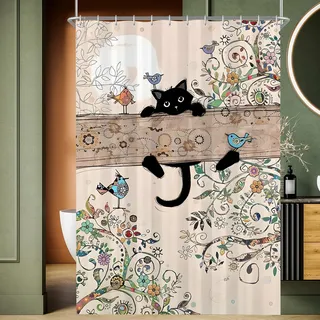 Lerores Duschvorhang 180x200 cm Schwarze Katze, Beschwerter Saum Antischimmel Textil, Wasserabweisend, Waschbar Polyester Badevorhänge mit 12 Ösen und Duschvorhangringen für Badezimmer, Badewanne