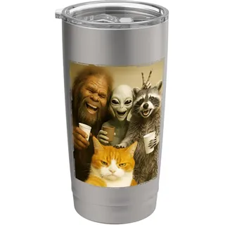 Katzen-Selfie mit Bigfoot; Alien & Racoon | Lustige Katze Doppelwandiger Edelstahl-Thermobecher