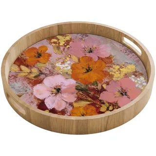 OnlyWow Tablett Malerei - Blumen - Rustikal - Rosa 40x40 cm , Holz , Echtholz,Eiche , Rund , 40x5x5 cm , Geschirr, Tischkultur & Serviergeschirr, Tabletts
