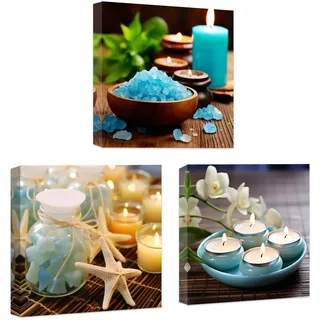 CCWACPP Zen Leinwand Wanddekoration 3 teilig blaue Aromatherapie Kerzen Blumenbild Druck Badezimmer Schönheit Spa Behandlung Meditationsraum Wanddekoration gerahmt (30x30cmx3)