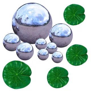 DIGNFENG 8er Set Edelstahl Schwimmkugeln Ø 2-10cm mit 4 Lotusblättern | Gartendeko Kugeln für Teich, Miniteich & Balkon - Wetterfeste Spiegelkugeln Outdoor Deko